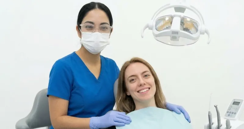 Odontóloga de SerenityDent junto a una paciente en el sillón dental
